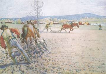 Les deux hommes avec leurs herses travaillaient méthodiquement dans les deux sens. (Carl Larsson) - Muzeo.com