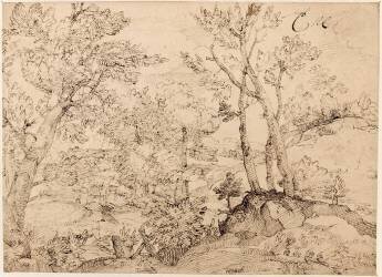 Bois, avec au loin un village, visible à travers la futaie (Frères Carracci (école des)) - Muzeo.com