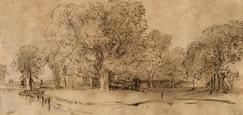 Chaumière cachée par des arbres, au bord d'un petit canal (Rembrandt) - Muzeo.com