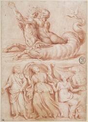 Monstre marin portant en croupe une nymphe ; un homme barbu et trois femmes (Raphaël) - Muzeo.com