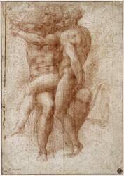 Une femme nue assise sur les genoux d'un homme nu assis : Adam et Eve (Michelangelo Buonarroti) - Muzeo.com