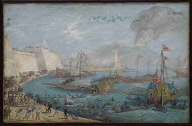 Vue du port de Naples et du Vésuve en éruption, vers 1636 (John William Baur) - Muzeo.com