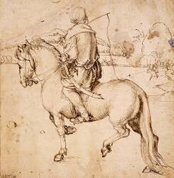Cavalier oriental, de dos, se dirigeant vers la gauche, tenant un fouet (Albrecht Dürer) - Muzeo.com
