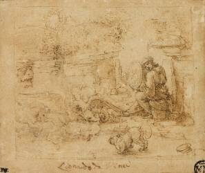 Des animaux, dont une licorne et un aigle combattant un dragon ; une femme tient un miroir dans lequel se reflète le soleil (Léonard de Vinci) - Muzeo.com