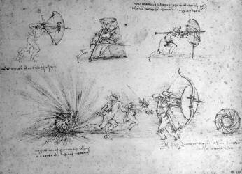 Étude avec boucliers pour fantassins et bombe explosive (Léonard de Vinci) - Muzeo.com