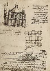 Projet d'une église construite sur un axe central et d'un bateau avec des rames et des voiles (Léonard de Vinci) - Muzeo.com