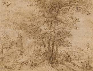 Un village avec un groupe d'arbres et une mule (Pieter Brueghel l'Ancien) - Muzeo.com