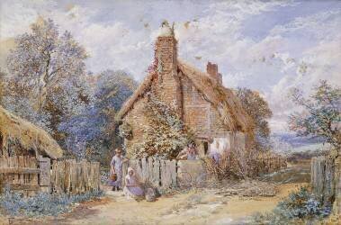 Children by a Thatched Cottage at Chiddingfold (Myles Birket Foster) - Muzeo.com