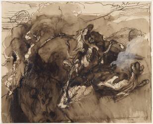 Deux chevaux attaqués par un lion au bord du précipice (Eugène Delacroix) - Muzeo.com