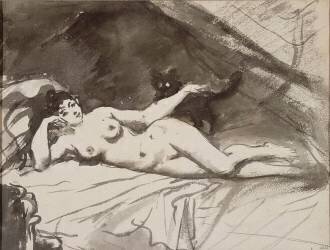 Femme nue, étendue sur un lit, la femme au chat (Edouard Manet) - Muzeo.com