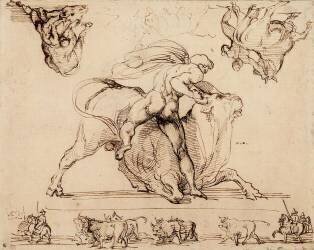 Homme nu terrassant un taureau ; troupeau de boeufs et bouviers romains (Théodore Géricault) - Muzeo.com