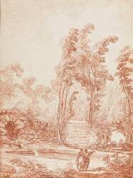 Personnages près d'un bassin, dans un parc (Hubert Robert) - Muzeo.com