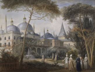 Promenade de personnages dans un jardin fleuri devant un palais (Jean-Baptiste Hilaire) - Muzeo.com