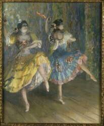 Deux danseuses espagnoles, sur scène, jouant des castagnettes (Juan Roig y Soler) - Muzeo.com