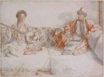 Jeune tatare jouant du tamboura et homme fumant assis sur un divan (Jean-Etienne Liotard) - Muzeo.com