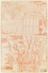 Mur de jardin avec vase et statue; statue de femme devant des arbres (Pierre Henri de Valenciennes) - Muzeo.com