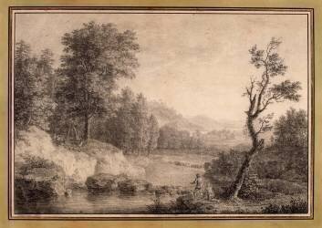 Paysage avec deux hommes au bord d'une rivière et trois cerfs (Simon Mathurin Lantara) - Muzeo.com