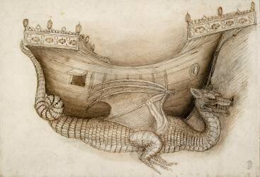 Coque d'un navire porté par un dragon, vus de profil et esquisse d'un dragon (Pisanello) - Muzeo.com