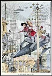 Anticipation : representation imaginaire d'une ville en 1953 : une jeune femme sur un engin volant circulant dans le ciel. (Albert Robida) - Muzeo.com