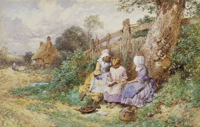 Children Reading Beside a Country Lane (Myles Birket Foster) - Muzeo.com