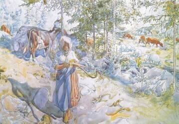 Last of all came little Kertsi with a willow twig to drive the cows (Carl Larsson) - Muzeo.com