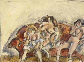 Three Women on a Red Sofa (Jules Pascin) - Muzeo.com