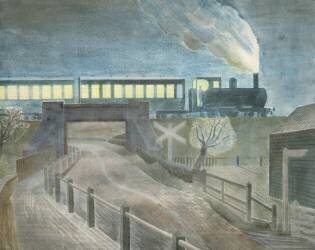 Train going over a bridge at night (Eric Ravilious) - Muzeo.com