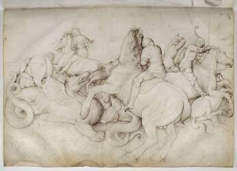 Combat entre cinq cavaliers et des dragons (Jacopo Bellini) - Muzeo.com