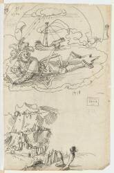 Un soldat cramponné à une planche sur les flots; un château (Erhard Schon) - Muzeo.com