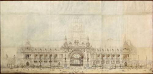 Projet pour le Grand Palais de l'Exposition Universelle de 1900 ; façade principale, élévation (Gustave Rives) - Muzeo.com