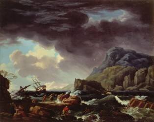 A Mediterranean coastal scene with ships foundering and castaways (Joseph Vernet) - Muzeo.com