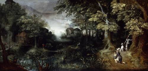 A wooded river landscape with a hunting party (Claes Dircksz van der Heck) - Muzeo.com