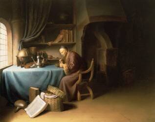 An Old Man Lighting his Pipe in a Study (Gérard Dou) - Muzeo.com