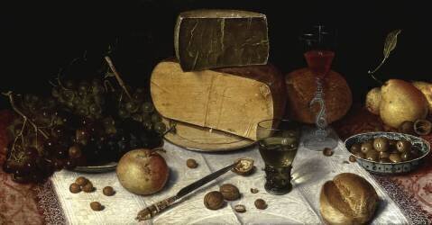 An Uitgestald Still Life of Grapes and Cheese on Pewter Plates (Floris van Dijck) - Muzeo.com