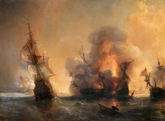 Attaque par le comte de Tourville et Jean Bart de la flotte anglaise de Smyrne (Théodore Gudin) - Muzeo.com