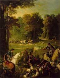 Chasse de Louis XV dans la forêt de Compiègne. Le relais à la patte d'oie. (Jean-Baptiste Oudry) - Muzeo.com