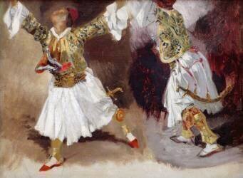 Deux guerriers grecs dansant (étude de costumes souliotes) (Eugène Delacroix) - Muzeo.com