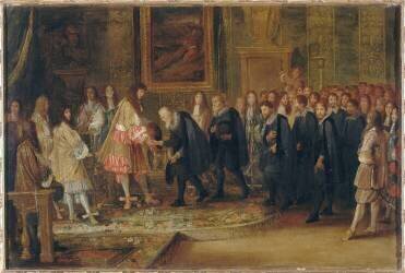 Entrevue des ambassadeurs des treize cantons suisses avec le roi Louis XIV (Adam Frans van der Meulen) - Muzeo.com