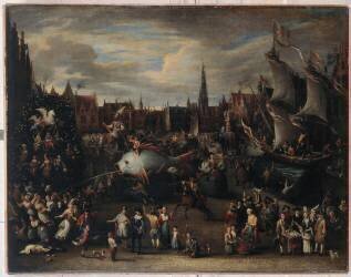 Fête traditionnelle à Anvers avec le géant Druon Antigon (Alexander van Bredael) - Muzeo.com
