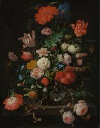 Fleurs dans une carafe de cristal placé sur un piédestal en pierre avec une libellule (Abraham Mignon) - Muzeo.com
