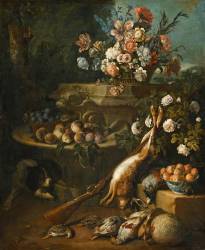 Gibier, fleurs, fruits et un chien (Alexandre-François Desportes) - Muzeo.com