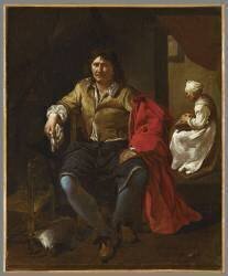 Homme assis dans un intérieur, avec servante à l'arrière-plan (Jacob Duck) - Muzeo.com