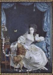 Jeune femme assise dans un intérieur avec un chien et un canari (Pierre Chasselat) - Muzeo.com