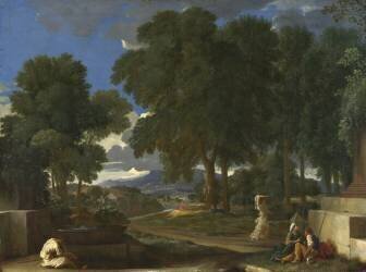 Landscape with a Man washing his Feet at a Fountain (Nicolas Poussin) - Muzeo.com