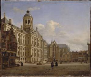 Le Dam avec le nouvel hôtel de ville à Amsterdam (Jan van der Heyden) - Muzeo.com