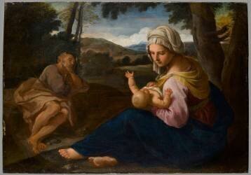 Le Repos de la Sainte Famille avec Saint Joseph dormant (Simone Cantarini) - Muzeo.com