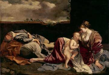 Le repos de la Sainte Famille pendant la fuite en Egypte (Orazio Gentileschi) - Muzeo.com