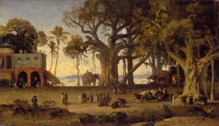 Moonlit Scene of Indian Figures and Elephants among Banyan Trees (Johan Zoffany) - Muzeo.com