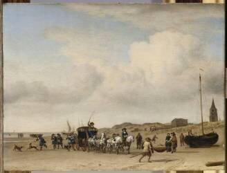 Noble équipage cheminant sur la plage de Scheveningen (Adriaen van de Velde) - Muzeo.com