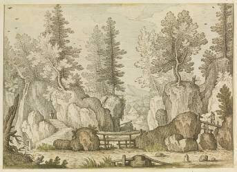 Paysage : rochers et arbres, rivière avec passerelles et deux figures (Hans Friedrich Schorer the...) - Muzeo.com